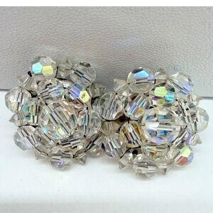 Vintage AB Crystal Cluster Clip On Earrings Bridal Aurora Borealis Dome